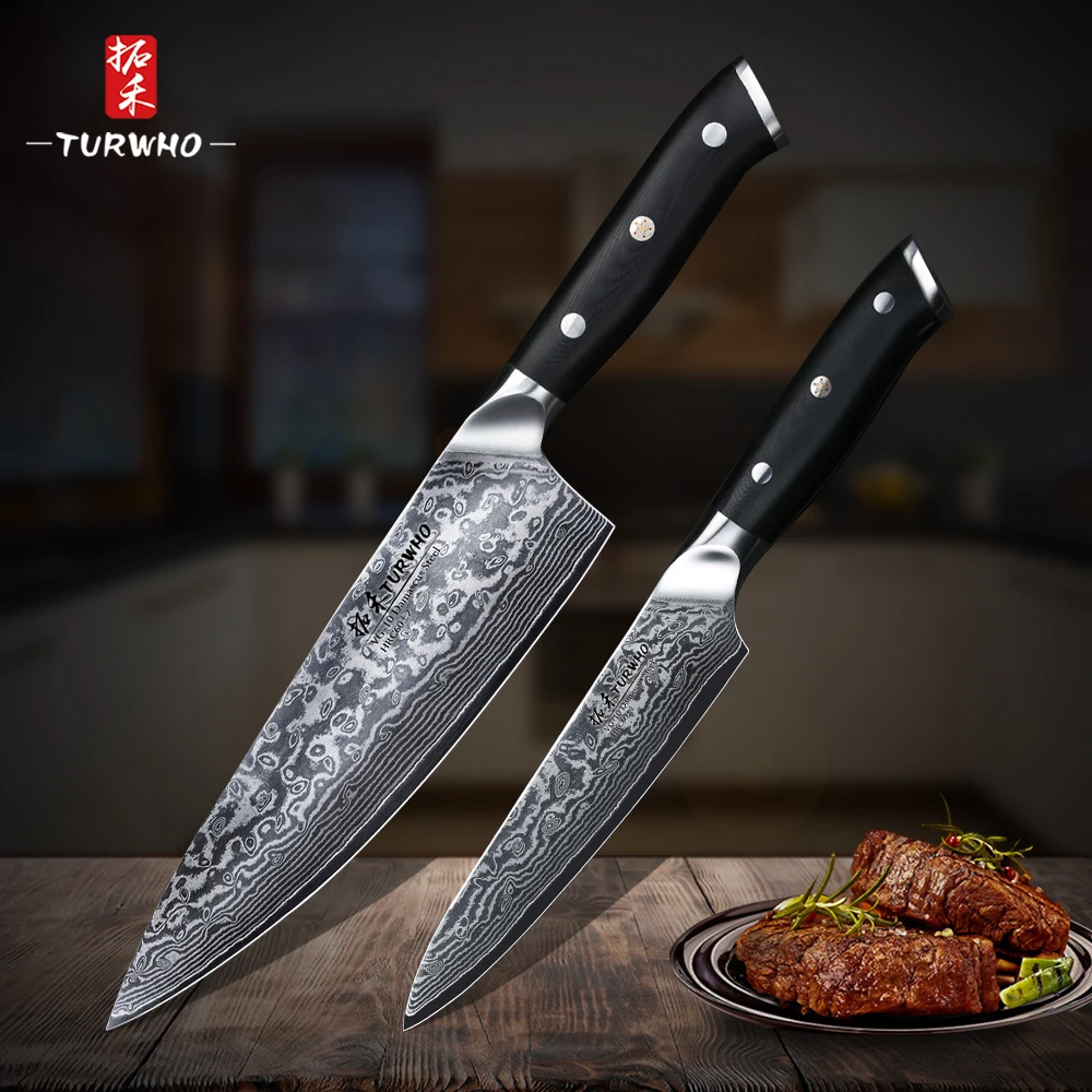 

TURWHO 2 PCS Pro Kitchen Knife Set 67 Layers Japanese VG10 Damascus Steel multifunctional Chef Utility knife with G10 Handle
