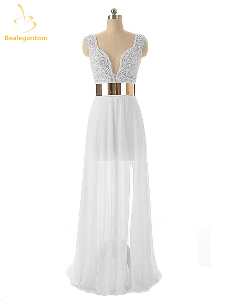 Bealegantom White Long Chiffon A Line font b Wedding b font Dresses 2017 Beaded Plus Size