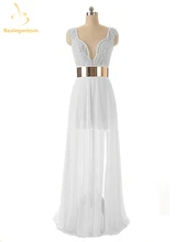 Bealegantom White Long Chiffon A Line font b Wedding b font Dresses 2017 Beaded Plus Size