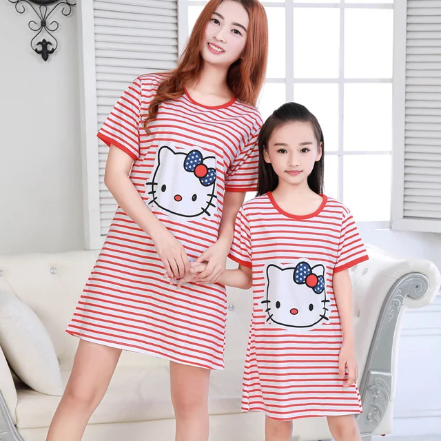 Cotton Mother Children SleepShirts Nighty Summer Cartoon Hello Kitty Rabbit Snow White Girls Night Skirt Short Sleeve Homewear