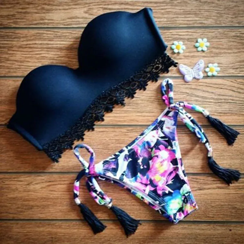 

2015 Women's mini bikini Set Sexy Bra Floral Swimsuit Push-up Swimwear Black swimsuit female push up stroj kapielowy damski