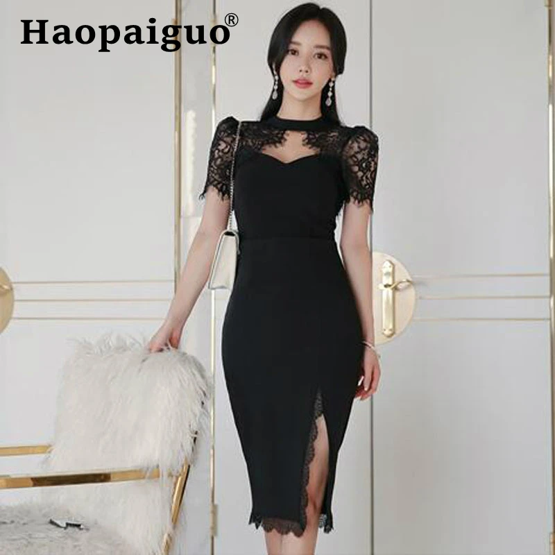 

Plus Size Casual Two Pieces Set Black Backless Lace Top and Midi Wrap Dress Women High Split 2 Piece Set Party Suit Set Vestidos
