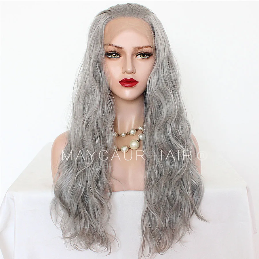 Maycaur Long Grey Color Hair Lace Wigs Loose Wavy Hair Glueless Heat Resistant Synthetic Lace Front Wigs for Black Women (4)