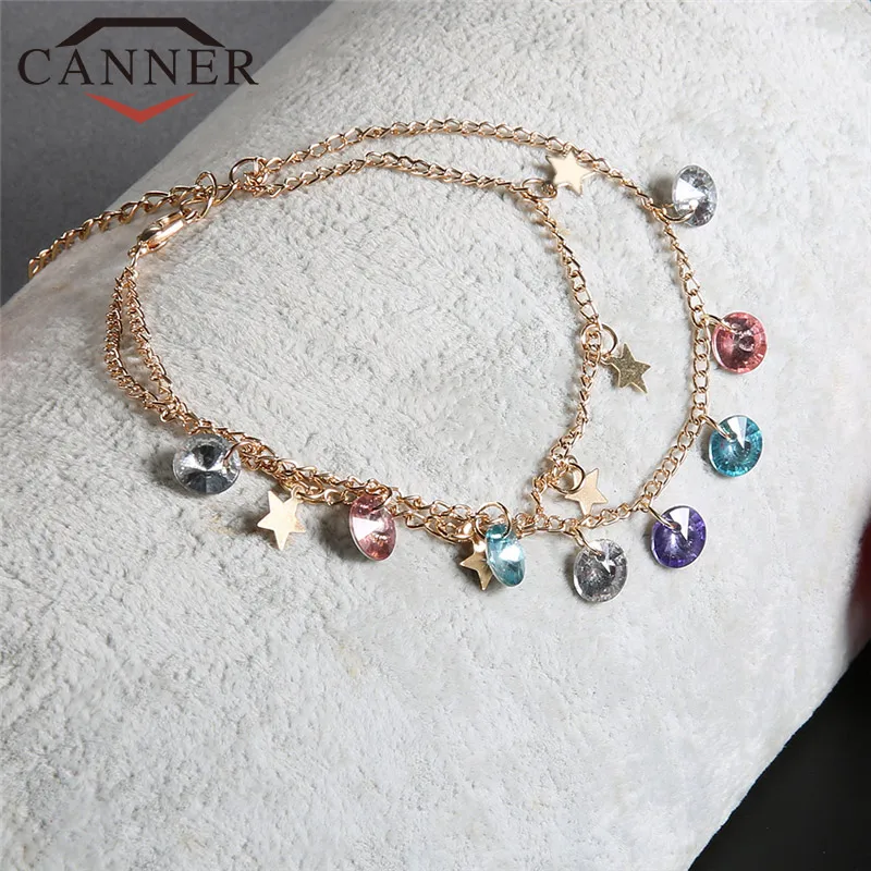 CANNER Double-layer Sweet Colorful Zircon Star Anklet Bracelet Lovely Women Jewelry TW CANNER Double-layer Sweet Colorful Zircon Star Anklet Bracelet Lovely Women Jewelry TW
