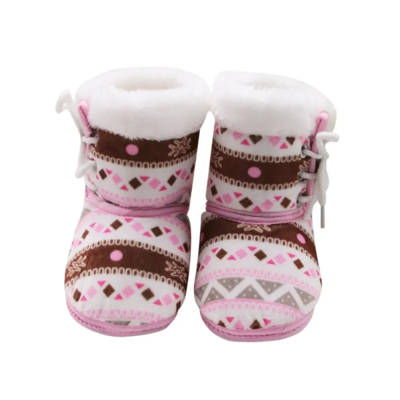 Для маленьких мальчиков ботинки для девочек зима-осень теплый плюш Винтаж печати этнических Стиль малыша Дети Обувь - Цвет: Розовый