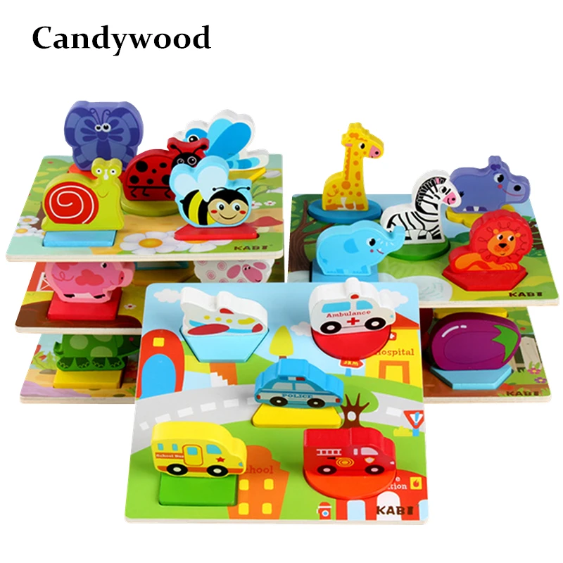 2018 New Wooden Toys Cartoon Animal Traffic 3D Puzzles Hand Grasping Board Kids Educational Toys for Children Gift Boys Girls