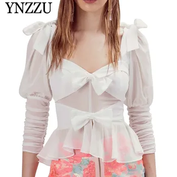 

YNZZU Vintage Women Blouse Shirt 2019 Spring Bows Puff Sleeve Sweet Ruffles Slim White Women Tops Backless blusa feminina YT554