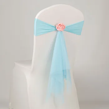 

Tiffany colour spandex sashes with rose ball artifical flower and organza chair sash wedding lycra bow tie band wholesale