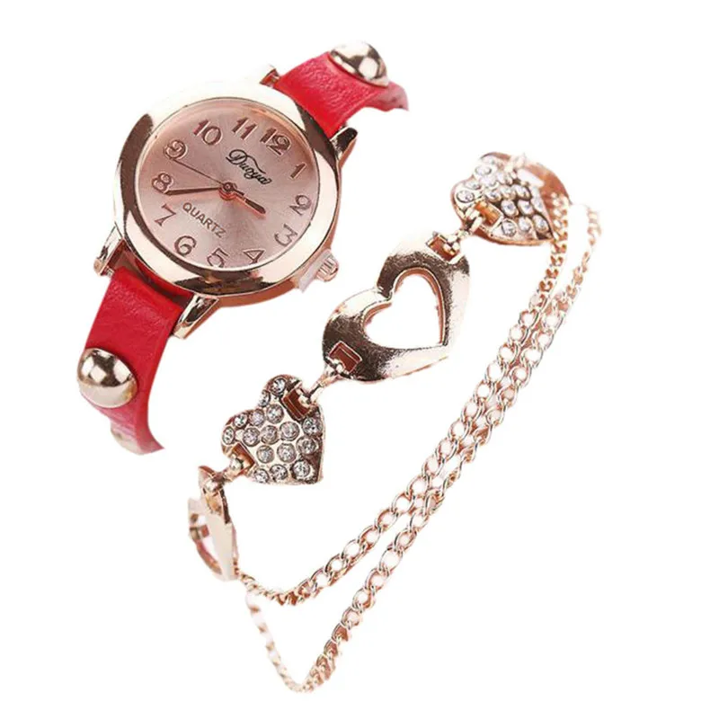 Женские часы модные часы браслет Женские кварцевые наручные часы в форме сердца украшения кожаный ремень часы женские часы - Цвет: Красный