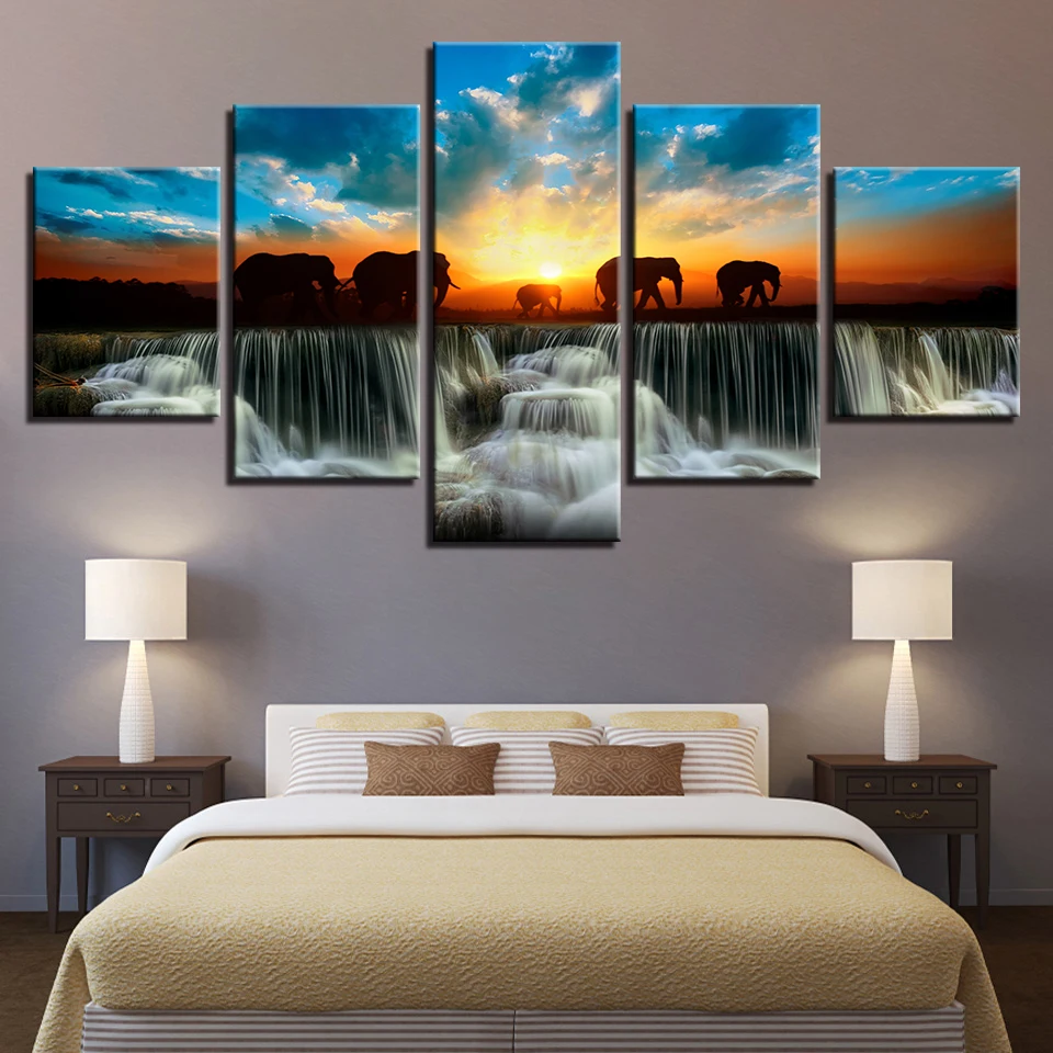 

Home Decor Modern HD Printed Paintings 5 Panel Elephant Animal Sunset View Wall Art Frame Canvas Living Room Pictures Tableau