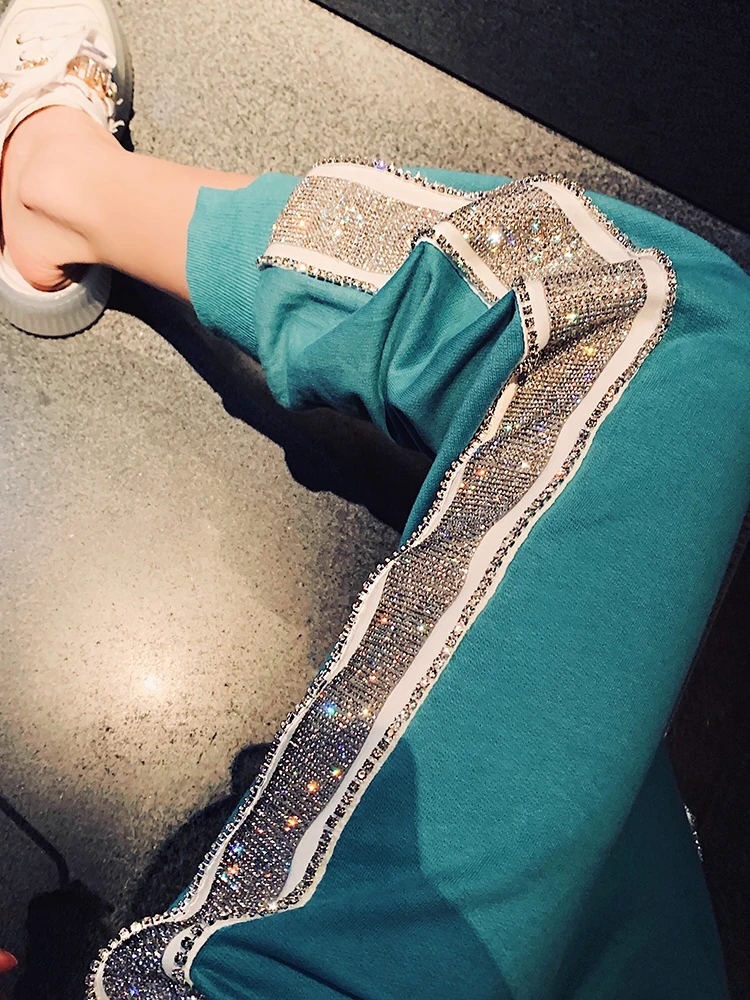 

New Spring Summer Loose Women Long Trousers Solid Color Green Casual Female Pants Ankle-length Hot Drilling Sweatpants