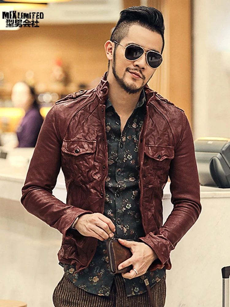 Mens Genuine Lambskin Leather Jacket Slim Fit Moto Biker Jacket T383