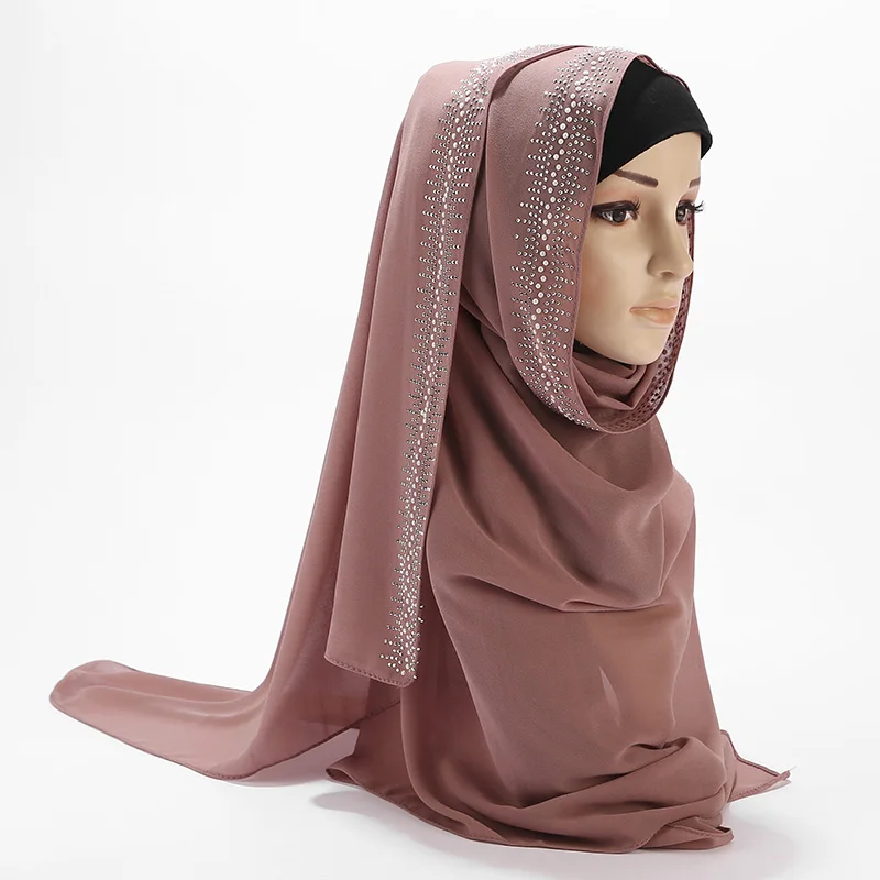 

New Women Muslim Bubbles Chiffon Scarf With Diamond Solid Color hijab Scarf Female Scarf Shawl Bead Wrap Muslim Hijabs