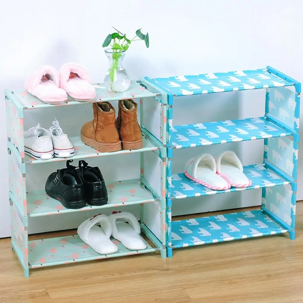 45 # DIY 4 طبقات أكسفورد القماش أنبوب حديد مدخل مجلس الوزراء الباب دولاب أحذية فلامنغو القطبية الدب تصميم أداة تنظيم الأحذية المنزل حذاء شنق