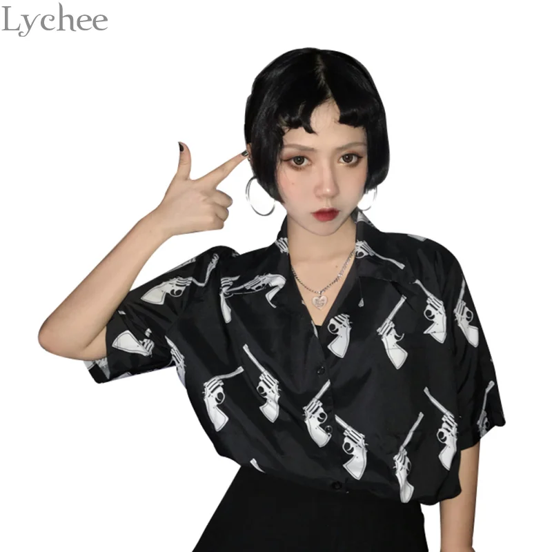 Meilleur Lychee Harajuku Gun Imprimer Pocket Blouse À Manches Courtes D été Femmes Chemises Casual Turn Down Collar Blouse Femme