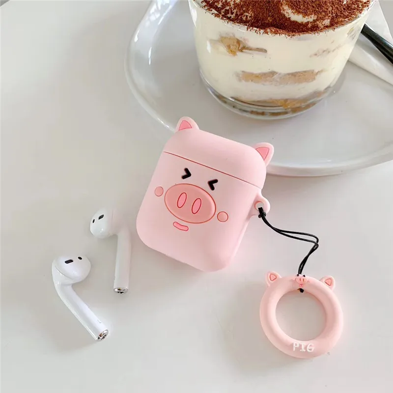 For AirPods Case Cute Cartoon Pink Pig Girl Earphone Cases For Apple Airpods 2 Cover Funda with Finger Ring Strap