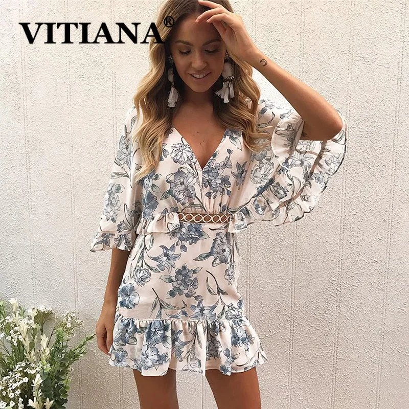 VITIANA, женское пляжное платье, лето, женское платье с принтом в стиле ампир, рукав-бабочка, открытая спина, розовое, мини, Платья для вечеринок, Vestidos