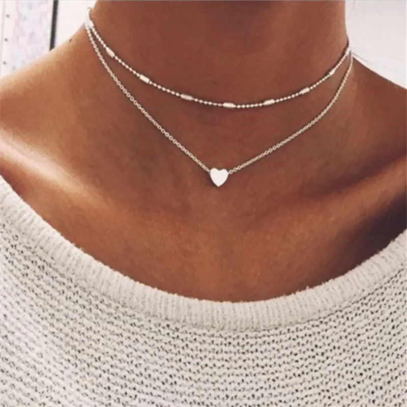 

Ufavoirte FASHION JEWELRY Love Heart Adjustable Necklace For Women Multilayer Chain Choker Necklace Summer Gift Drop