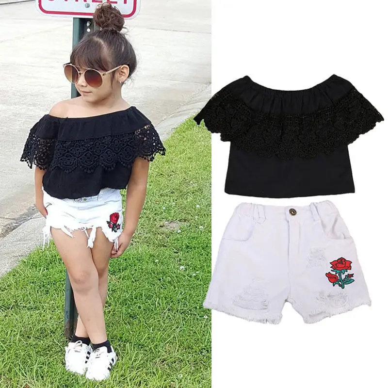 2pcs kids Baby Girls Lace Floral Top+Ripped Denim Shorts Outfits Little
