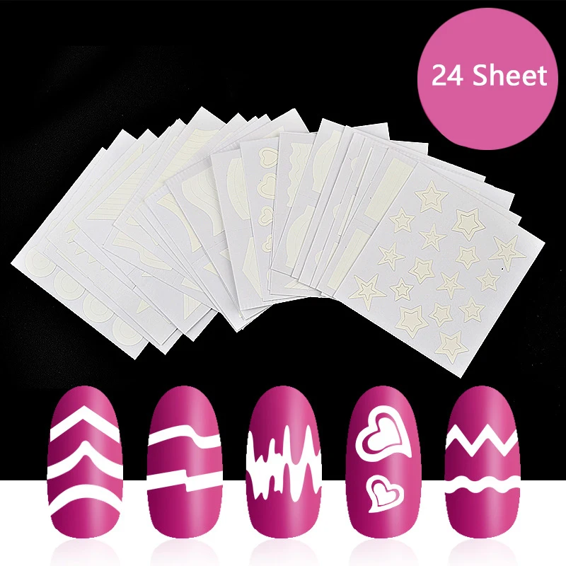

24 Sheets Nail Stickers French Nail Art Books Hollow Smile Stencil Guide for DIY 3D Stripes Wave Line Lettering Manicure