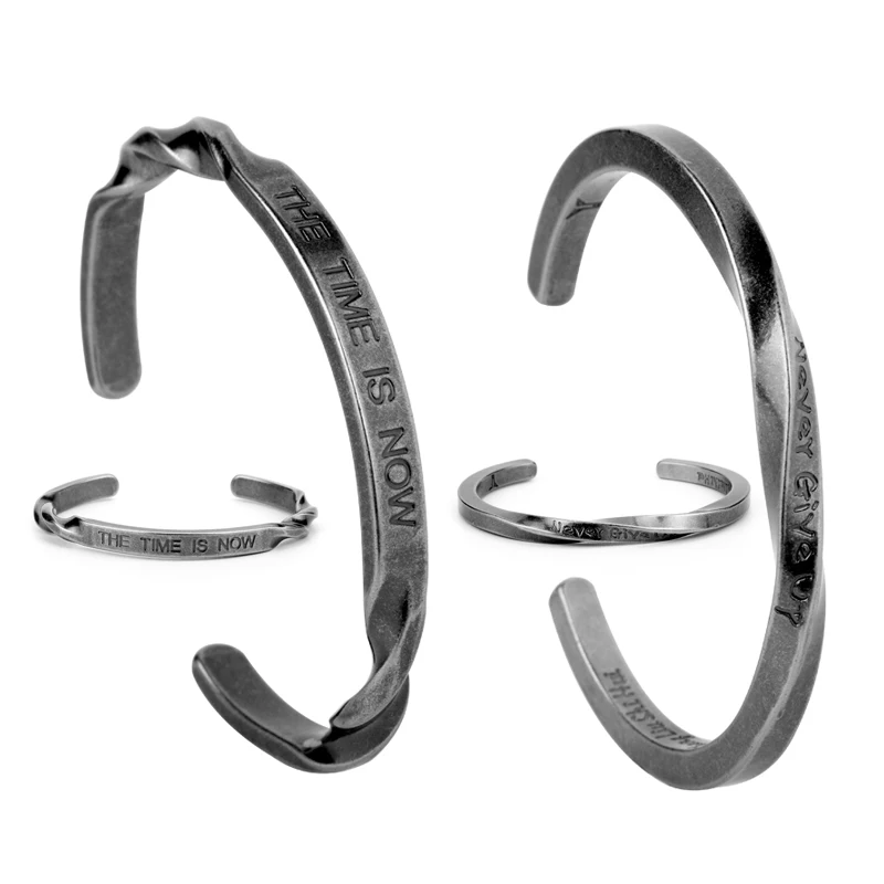 

Titanium Steel Cuff Bracelet Bangle for Men Women Punk Accessories The Time Is Now/Never Give Up Inspired Jewelry Bangles Gift