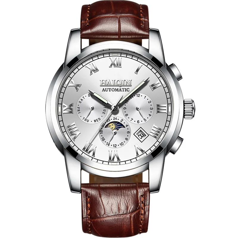 HAIQIN Лидер продаж автоматические механические мужские часы Роскошные бизнес хронограф водонепроницаемые стальные мужские наручные часы Relogio Masculino - Цвет: Brown-silver-L