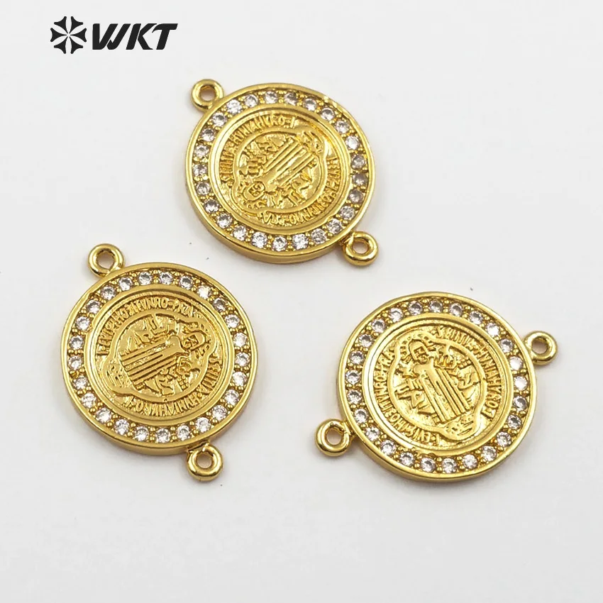 

WT-MC265 WKT Unique fashion round full golden religious portrait micro-set crystal embellished double hook connector pendant