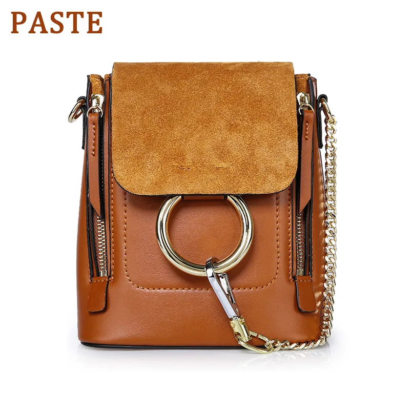 

PASTE Brand Genuine Leather Ladies Circle Ring Chain Cross-body Backpack Nubuck Cover Leather Women Shoulder Designer Knapsack