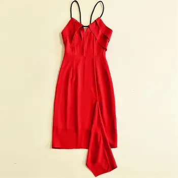 

Women Summer Dresses 2018 High Quality Runway Designer Dress Solid Irregular Backless Spaghetti Strap Dresses Red White DX0609