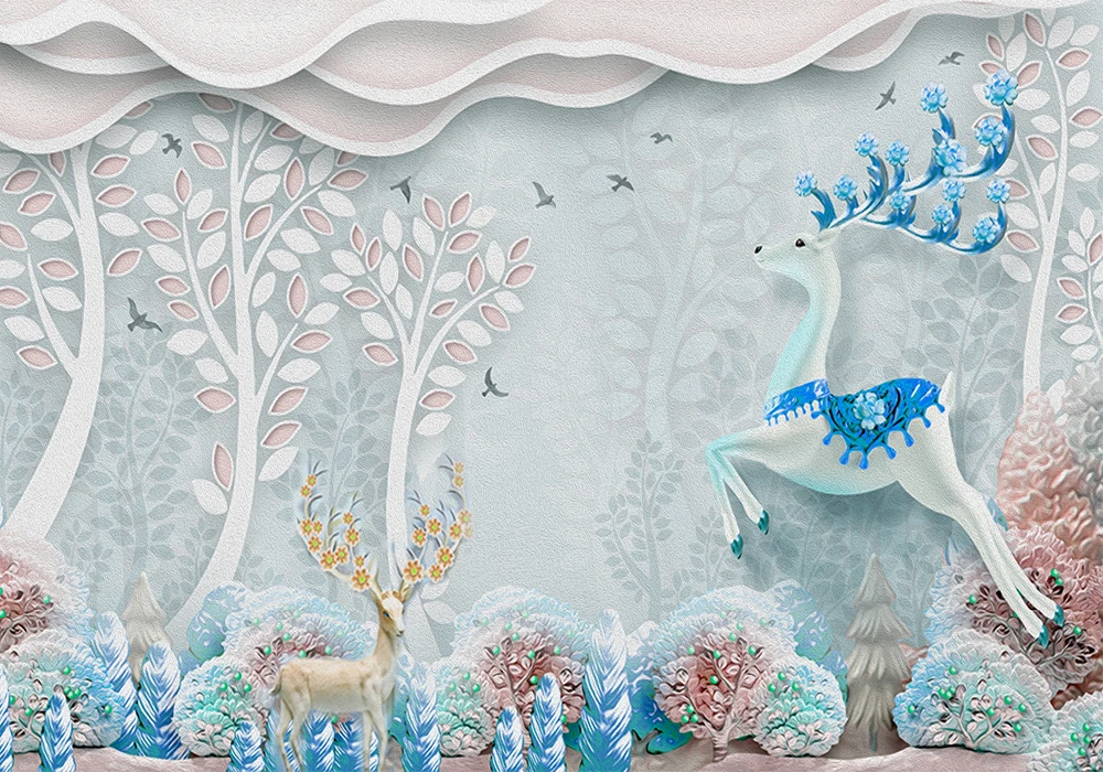 Custom 3d wallpaper modern 3D Nordic embossed forest flying bird elk deer TV background wall - silk waterproof material Custom 3d wallpaper modern 3D Nordic embossed forest flying bird elk deer TV background wall - silk waterproof material