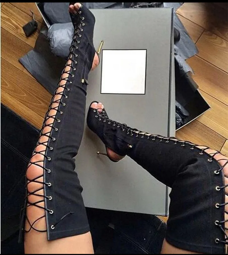 2017 Sexy High Heels Over The Knee Thigh High Boots Lace Up Womens Booties Kim Kardashian Shoes Woman Gladiator Botines Mujer