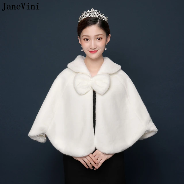 Best Product JaneVini Winter White Capes Bridal Faux Fur Wraps for Wedding Big Bow Women Warm Bolero Shawls Evening Cloak Brides Accessories
