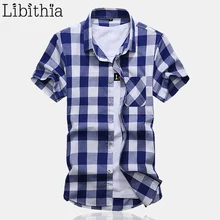 Для мужчин платье в клетку рубашки больших размеров 7XL короткий рукав рубашка с карманом и Для мужчин летний отложной воротник Повседневная одежда мужской синий G029