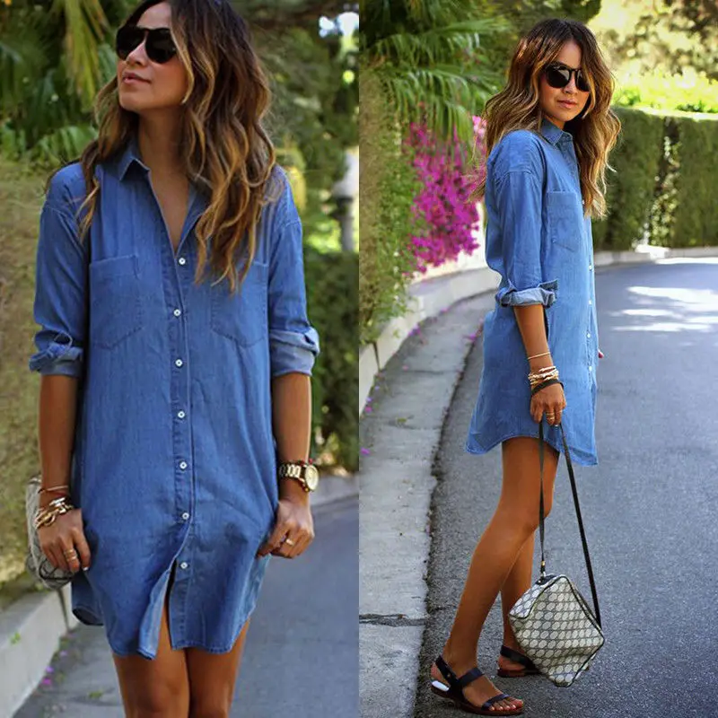 Women-Denim-Blue-Casual-Top-Pocket-Button-Long-Sleeve-Single-Breasted ...