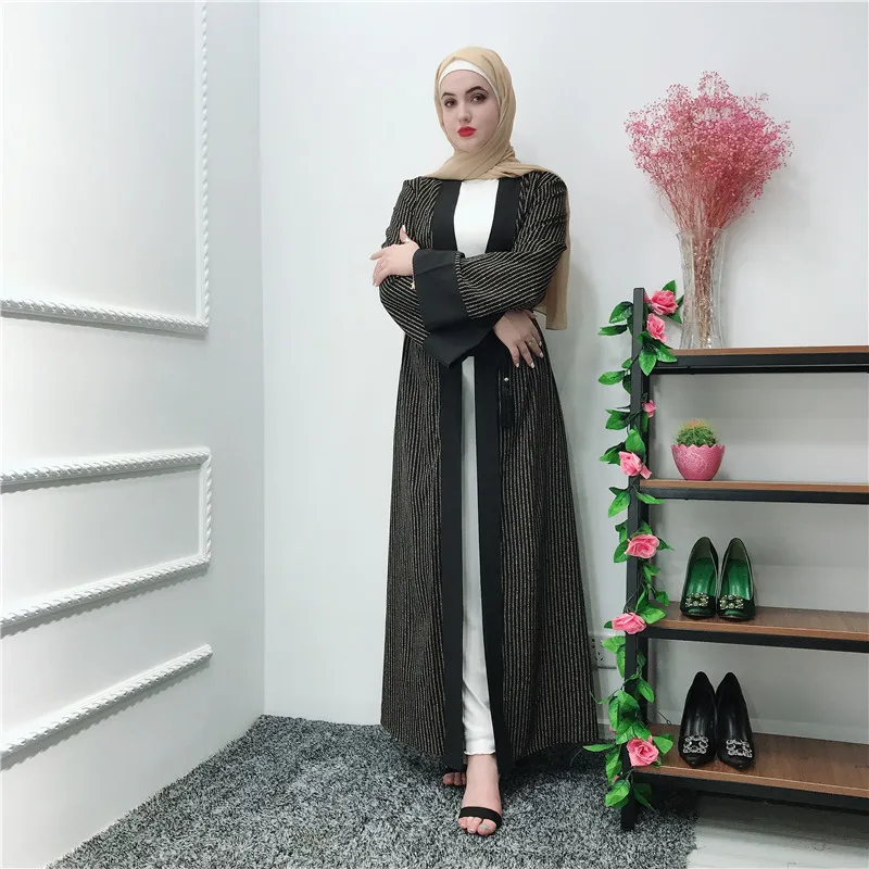 Рамадан женские мусульманские платья открытое черное платье Дубая женские, с расклешенным рукавом в полоску Восточный халат из марокена