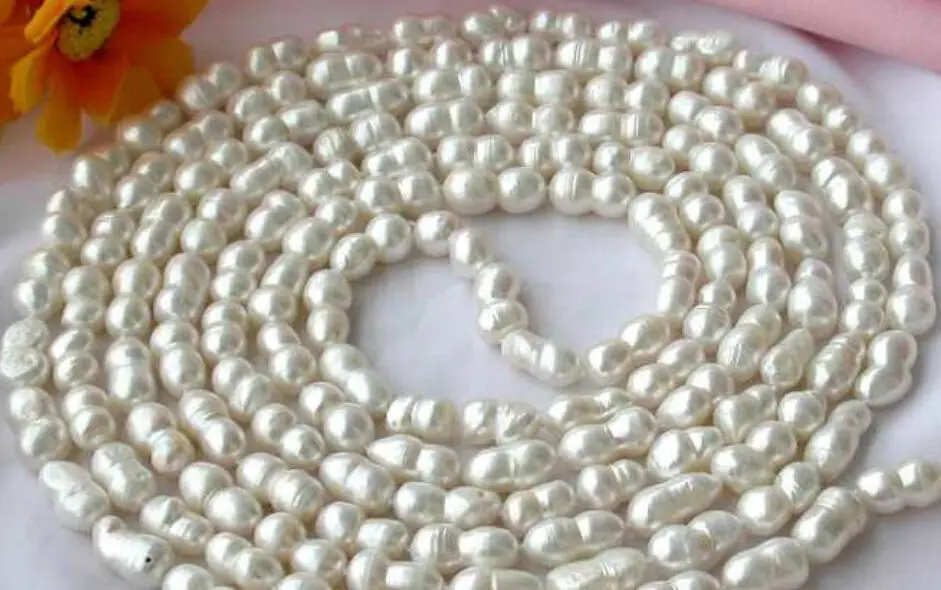 

fast NEW long 48" 9X14mm Natural baroque double white pearl necklace AA+ 18KGP. AAA