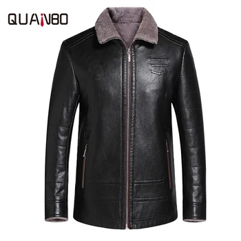 

QUANBO Winter Thick Warm Leather Coats New Brand Men's Clothing High quality flocking Leather Jacket Waterproof Fur Coats