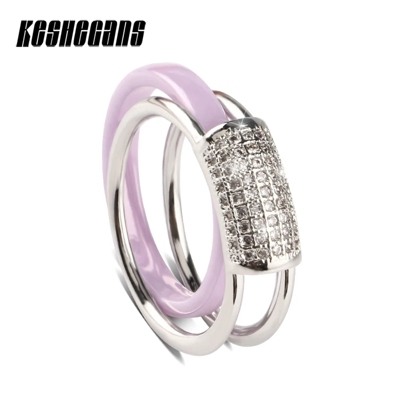 

2018 Elegant 2pcs/Set Ring Set Light Purple Ceramic Ring And Shining Crystal Stainless Steel Women Geometric Dainty Ring Jewelry