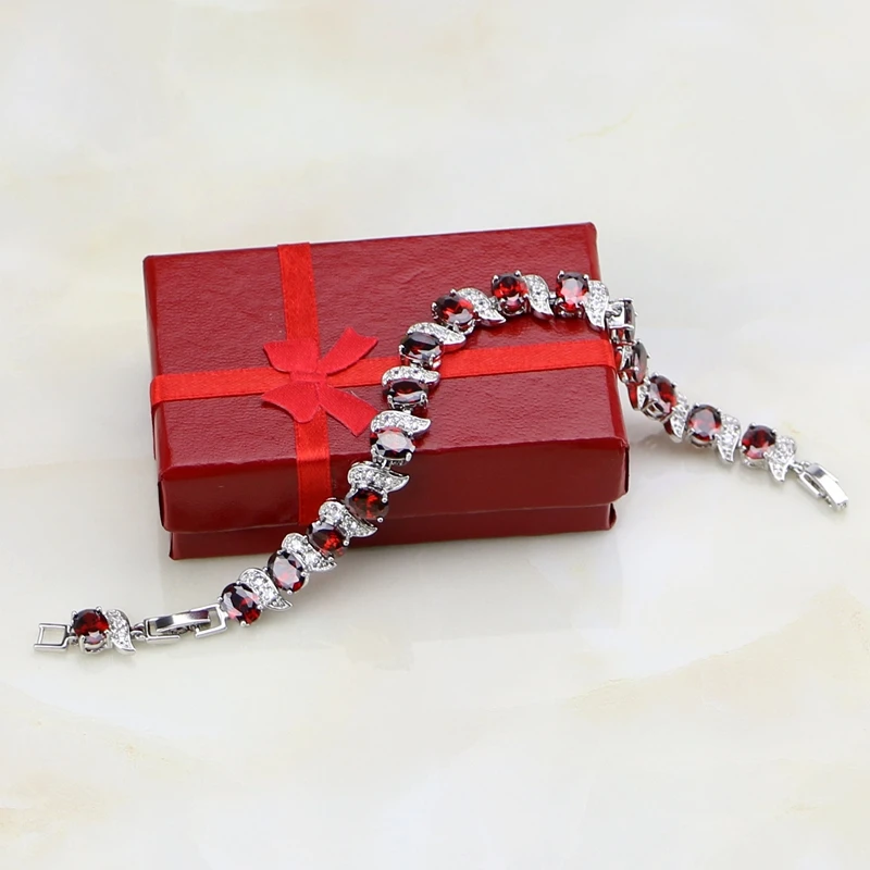 

Classic Red Garnet White Cubic Zirconia Charm 925 Sterling Silver Chain Link Bracelet For Women Free Gift Box