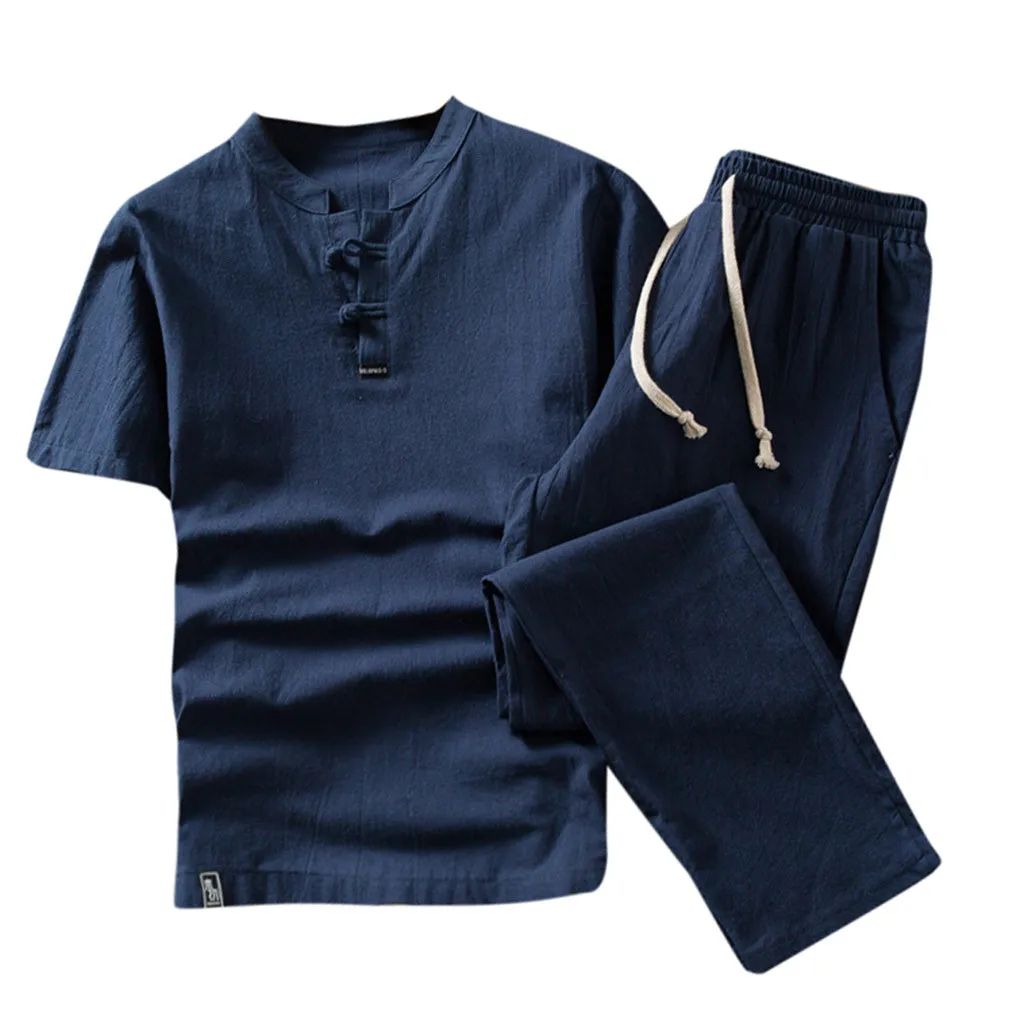 Повседневный мужской комплект одежды, летний китайский стиль, хлопок, лен, удобный, короткий рукав, мужская рубашка, штаны, брюки d90613 - Цвет: Синий