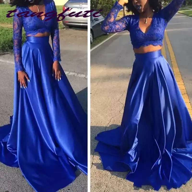 Royal Blue Two Pieces Arabic Prom Dress South African A line V neck