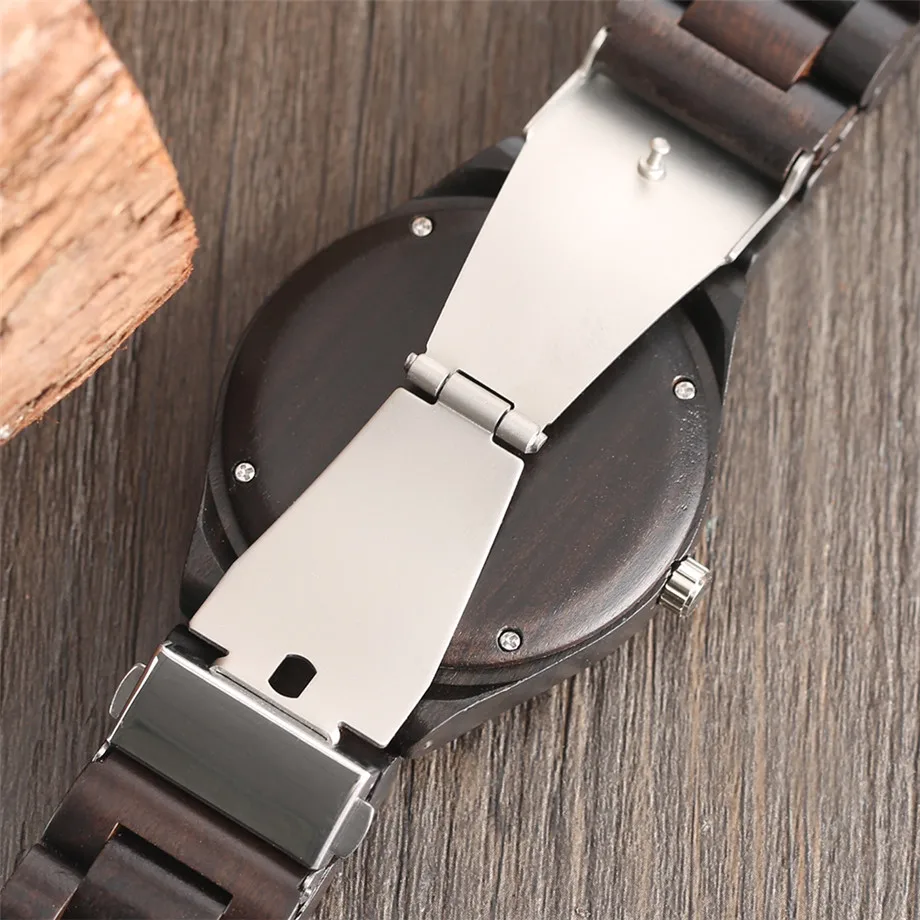 Новое поступление 2017 года Для мужчин ручной работы Ebony Деревянный Кварцевые часы творческий уникальный Дизайн браслет застежка