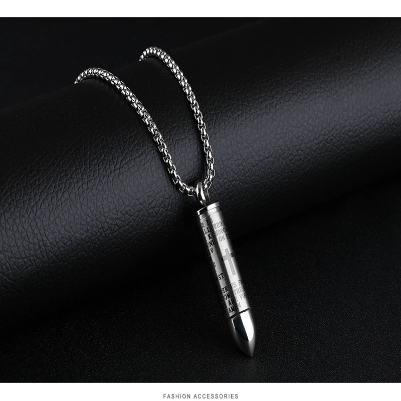 Fate Love Punk Bullet Pendant Necklaces For Men Stainless steel can unscrew creative cross loaded paper necklace English Spanish (9)