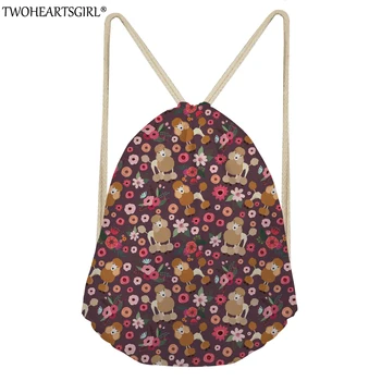 

TWOHEARTSGIRL Poodle Flower Printing Portable Women Drawstring Bags Female Storage Function String Backpack Travel Clothes Bags
