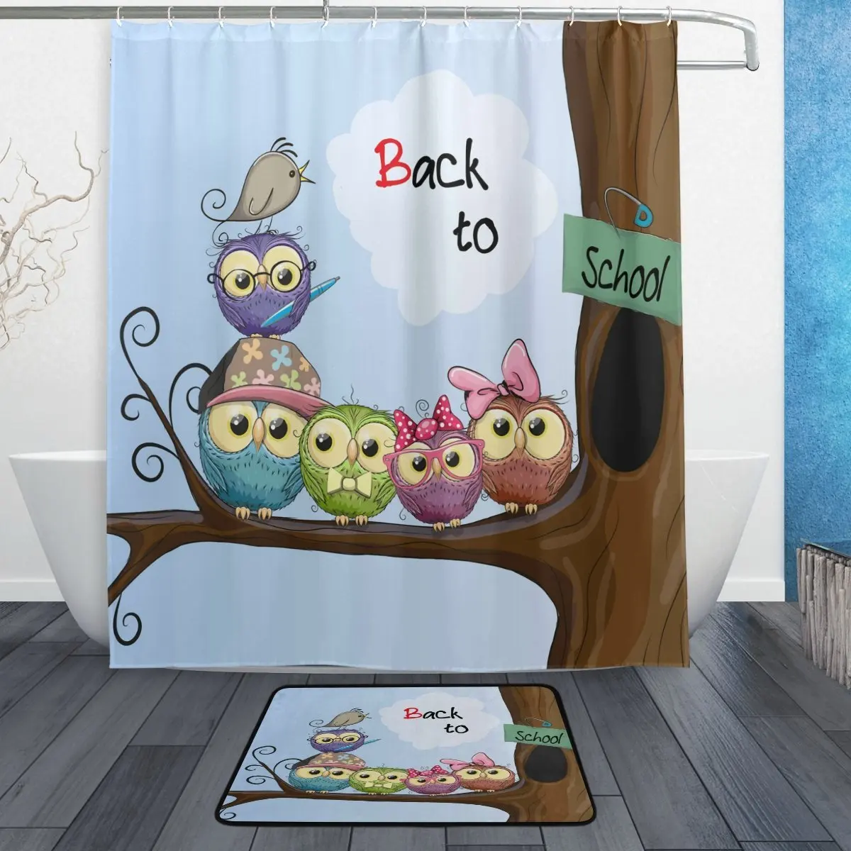 Cute Colorful Owl on Tree Waterproof Polyester Fabric Shower Curtain