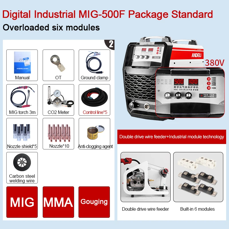 ANDELI цифровой индустрии тяжелой нагрузки Тип шесть модулей Сварка металлическим электродом в инертном газе машина MIG-500F 380V типа для сварки MIG/MMA/строжки 3 в 1 сварочный аппарат