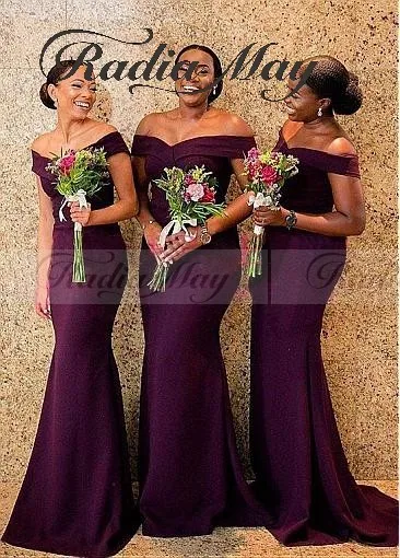 

Cheap Off the Shoulder Mermaid Purple African Bridesmaid Dress Elegant Women Long Wedding Formal Party Gowns Bridal Guest Dress