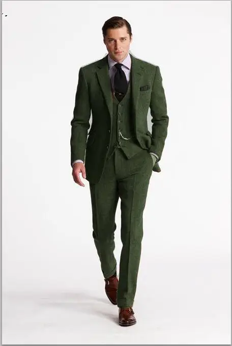 Tailored Green Tweed Suit Men Groom Blazer Slim Fit 3 Piece Tuxedo ...