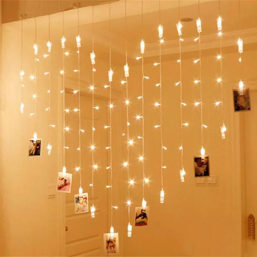 

Thrisdar 2X1.5M Card Photo Clips Led Curtain String Lights 128LED 14 Drop Fairy String Light Garland Christmas Wedding Light