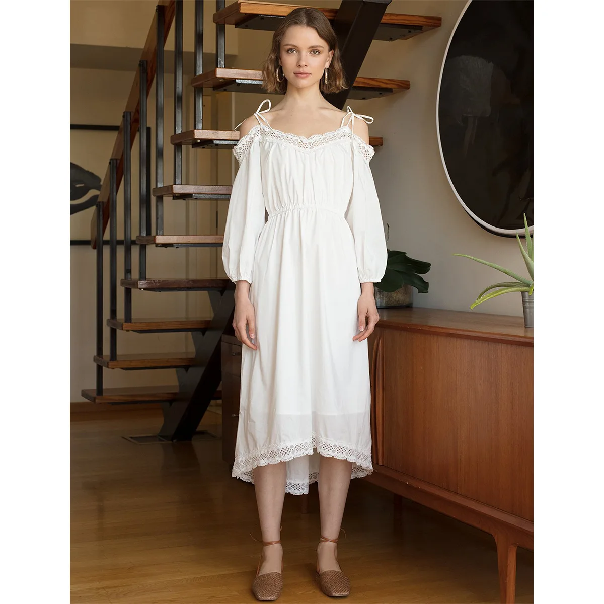 

2019 Spring Simple Sweet Retro Court Languid Collared Shoulder Hanging Lace Dress Women Slash Neck Women Dress